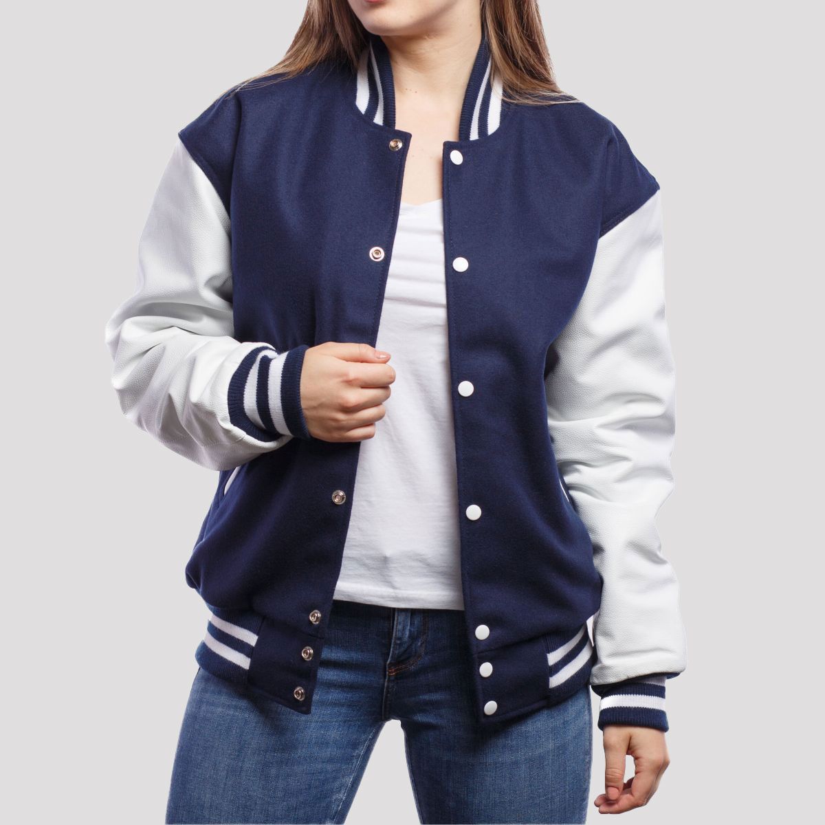 Royal Blue Wool Body & Bright White Leather Sleeves Letterman Jacket for Women